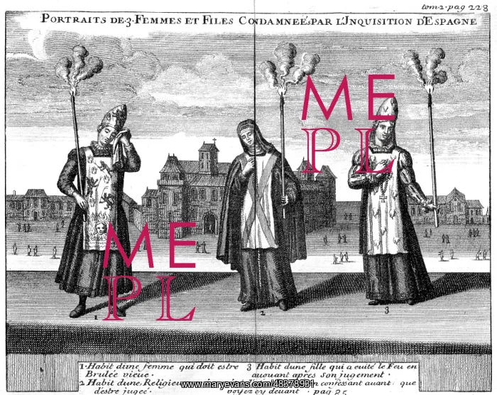 : Three women condemned by the Inquisition. Copperplate : Three women condemned by the Inquisition. Copperplate