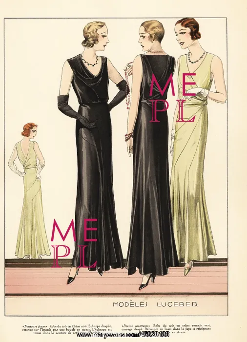 : Women in evening dresses designed by Luceber, 1931 : Women in evening dresses designed by Luceber, 1931