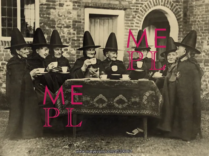 : Eight women in high hats having tea : Eight women in high hats having tea