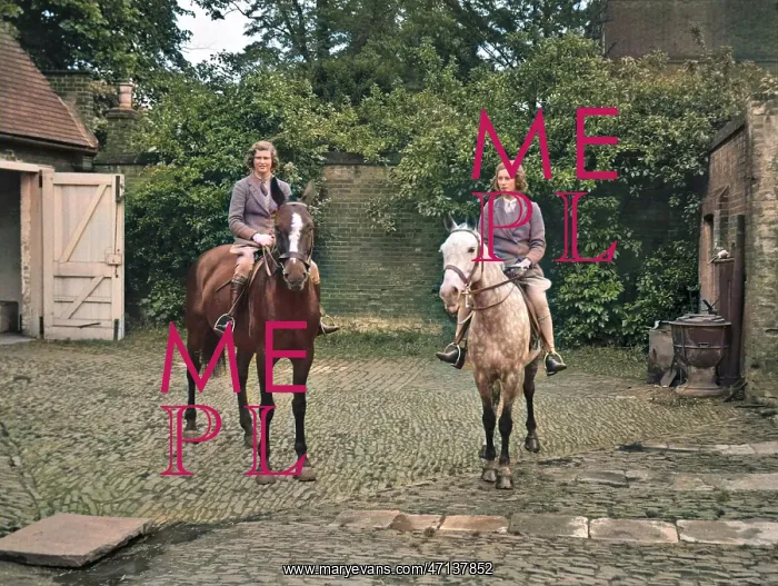 : Two women on horseback in stable yard : Two women on horseback in stable yard