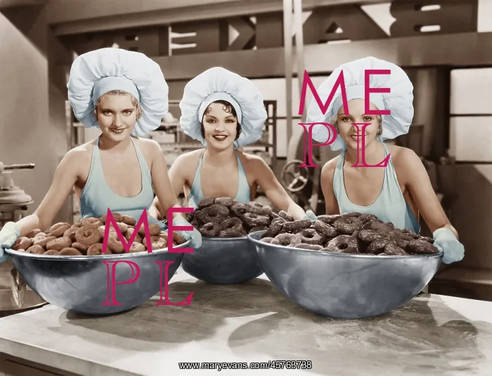 : Three women with huge bowls of donuts : Three women with huge bowls of donuts
