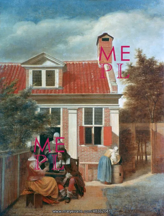 : Three Women and a Man in a Courtyard behind a : Three Women and a Man in a Courtyard behind a