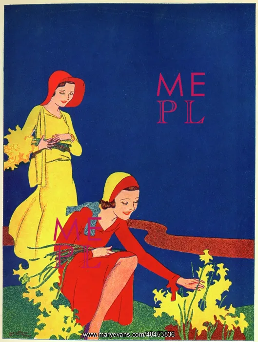  : Women picking daffodils in Art Deco style