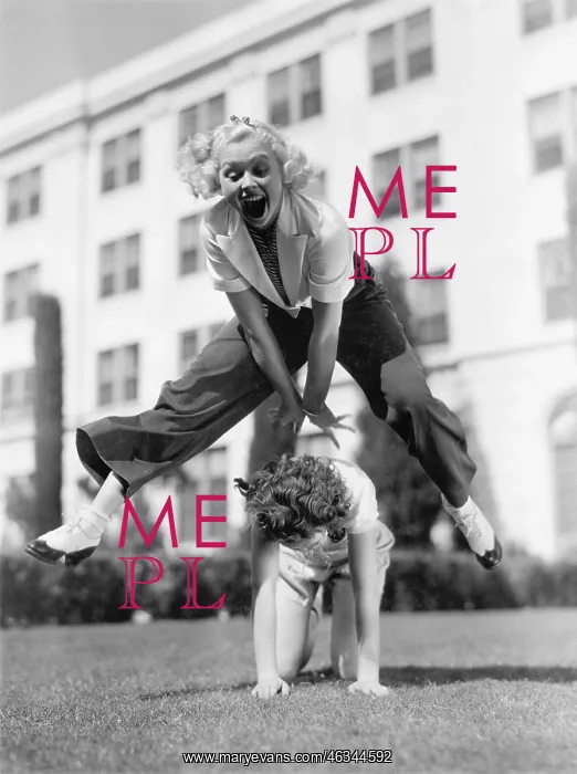 : Two women playing leap frog together : Two women playing leap frog together