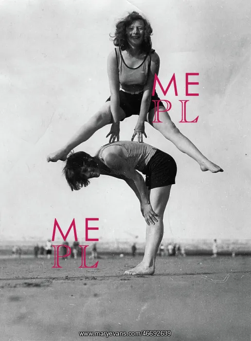 : Two women playing leapfrog on the : Two women playing leapfrog on the