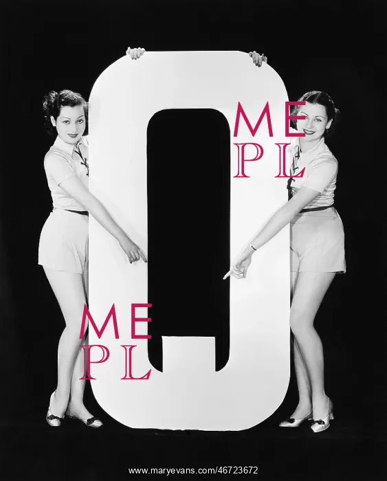  : Two women pointing at huge letter Q