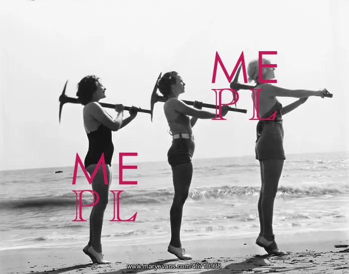 : Three women posing with a pick ax on the beach : Three women posing with a pick ax on the beach