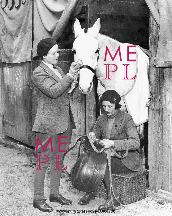 : Two women saddling a horse : Two women saddling a horse