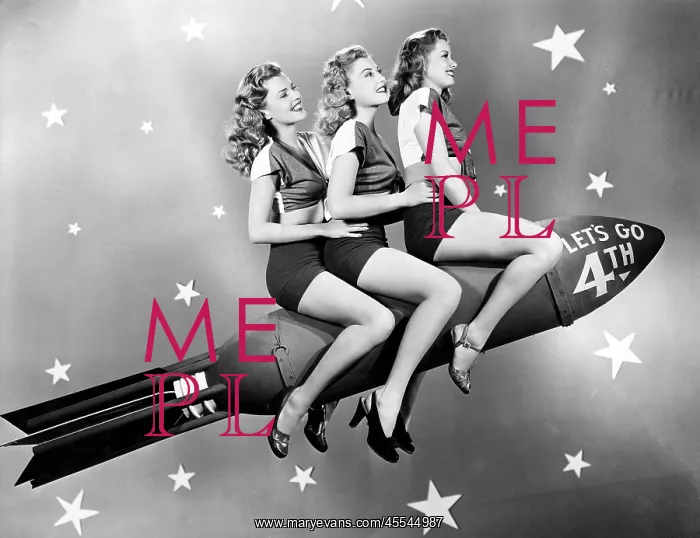 : Three women sitting on a rocket : Three women sitting on a rocket