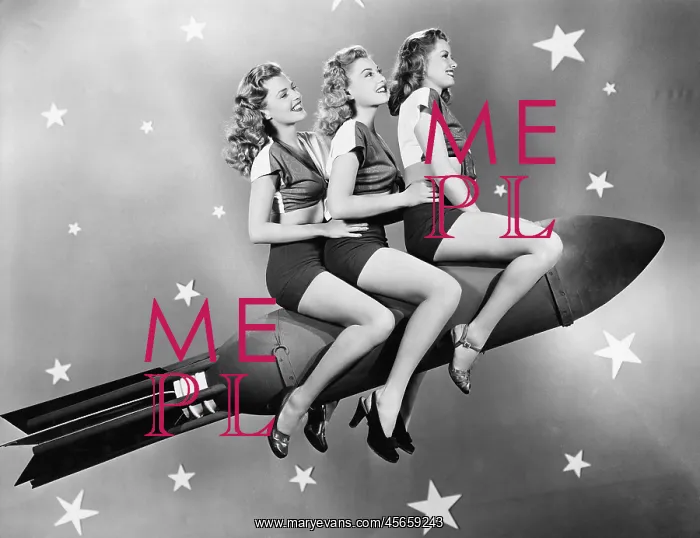 : Three women sitting on a rocket : Three women sitting on a rocket