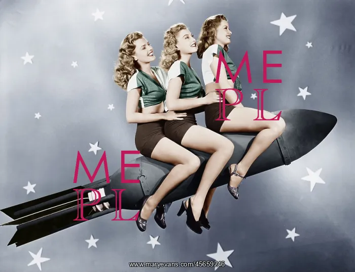: Three women sitting on a rocket : Three women sitting on a rocket