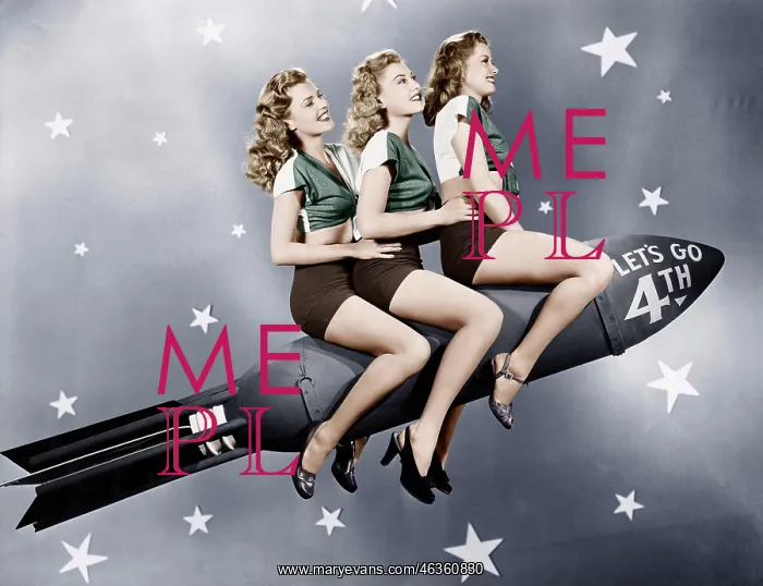 : Three women sitting on a rocket : Three women sitting on a rocket
