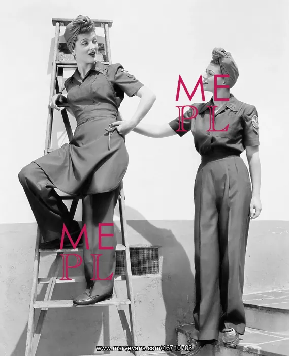 : Two women standing together on a ladder and stairs : Two women standing together on a ladder and stairs