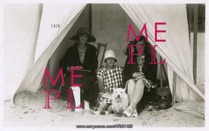 : Three women in a tent on a beach with a white terrier : Three women in a tent on a beach with a white terrier