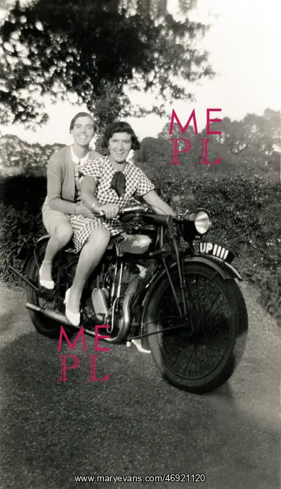 : Two women on a veteran motorcycle : Two women on a veteran motorcycle