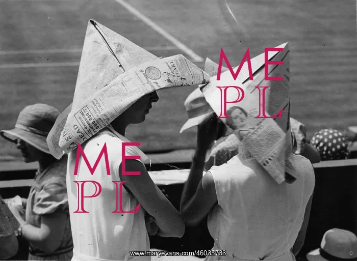 : Women wearing paper hats : Women wearing paper hats