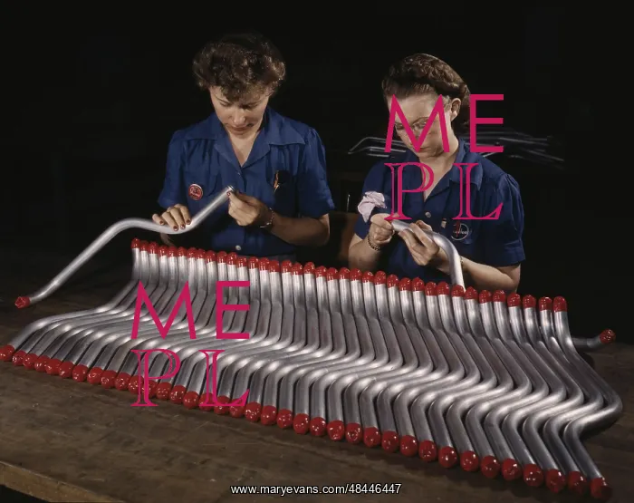 : Two women workers capping and inspecting tubing : Two women workers capping and inspecting tubing