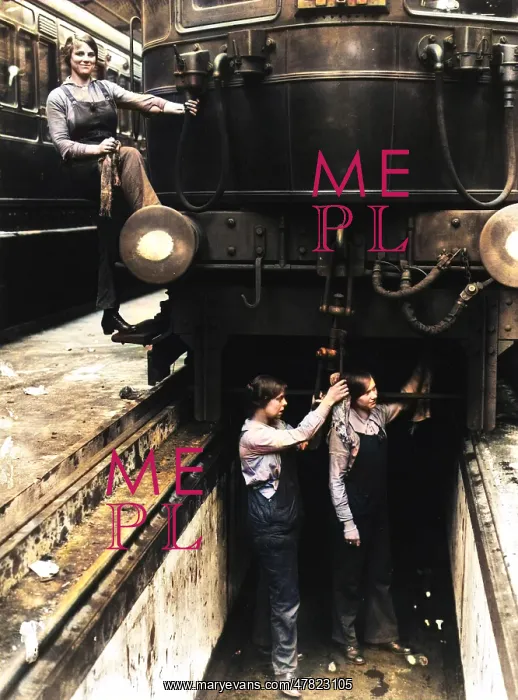 : Three women working on a train carriage : Three women working on a train carriage