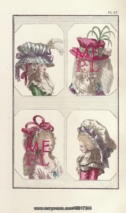 : Women's hats and bonnets of 1787 : Women's hats and bonnets of 1787