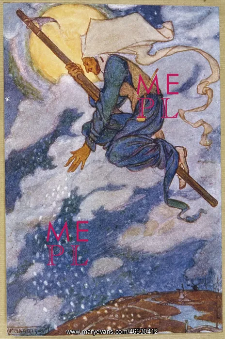 : A Wood Witch flying over the land on her stick : A Wood Witch flying over the land on her stick