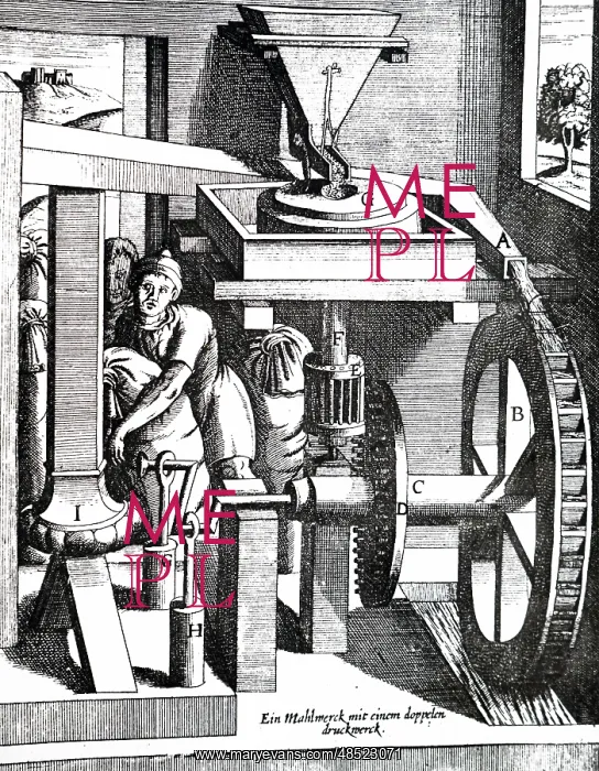 : A woodcut engraving depicting a corn mill : A woodcut engraving depicting a corn mill