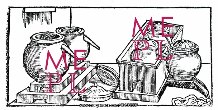 : Woodcut engraving depicting the distillation of : Woodcut engraving depicting the distillation of