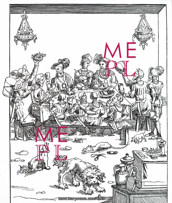 : A woodcut engraving depicting a feast : A woodcut engraving depicting a feast