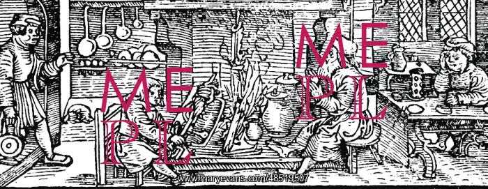 : A woodcut engraving depicting a kitchen scene : A woodcut engraving depicting a kitchen scene