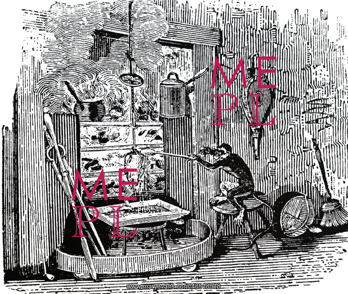 : A woodcut engraving depicting a monkey basting a bird : A woodcut engraving depicting a monkey basting a bird