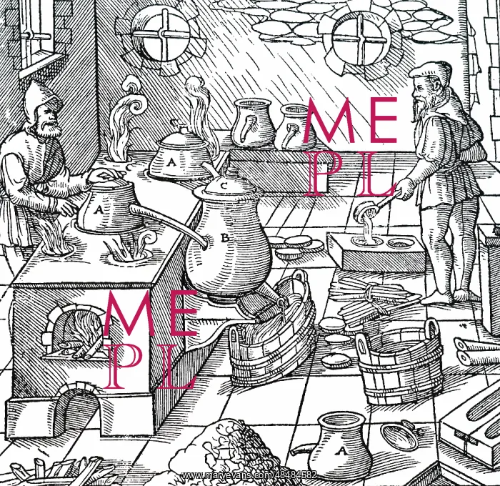 : Woodcut engraving depicting the process of refining sulphur : Woodcut engraving depicting the process of refining sulphur