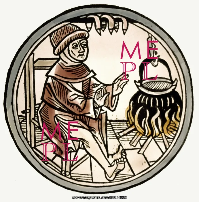  : Woodcut of a man basking in front of a cooking pot