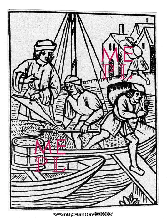 : Woodcut of men weighing and offloading salt : Woodcut of men weighing and offloading salt