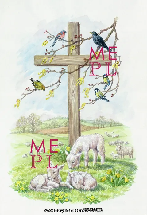 : Wooden Cross with Lambs and Birds : Wooden Cross with Lambs and Birds
