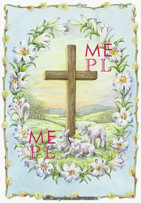: Wooden Cross with lambs in landscape : Wooden Cross with lambs in landscape