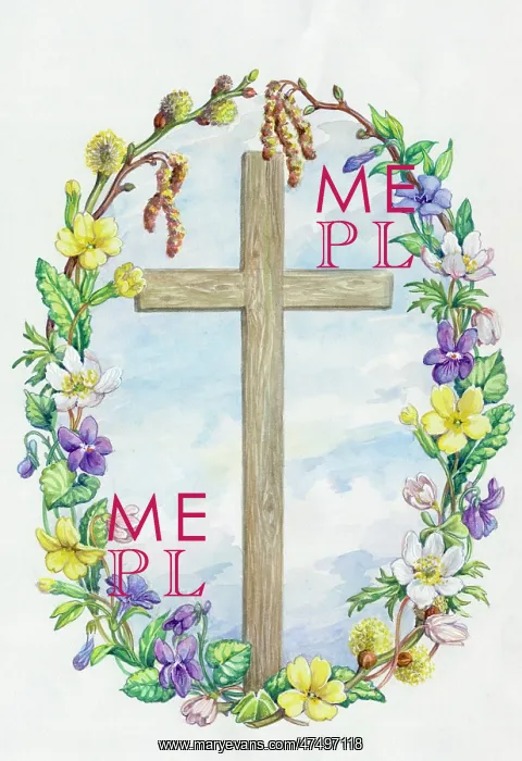  : Wooden Cross within an oval of spring flowers