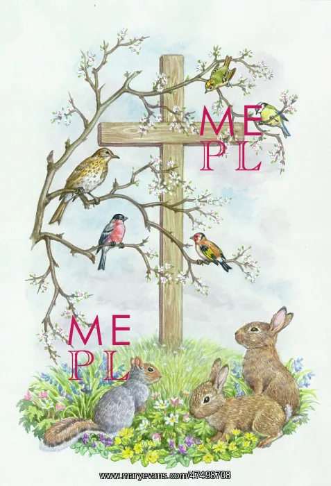 : Wooden Cross with rabbits, squirrel and birds : Wooden Cross with rabbits, squirrel and birds