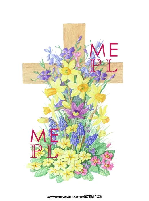 : Wooden cross with spring flowers : Wooden cross with spring flowers