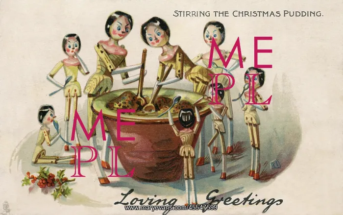 : Wooden Dolls stirring the Christmas Pudding : Wooden Dolls stirring the Christmas Pudding