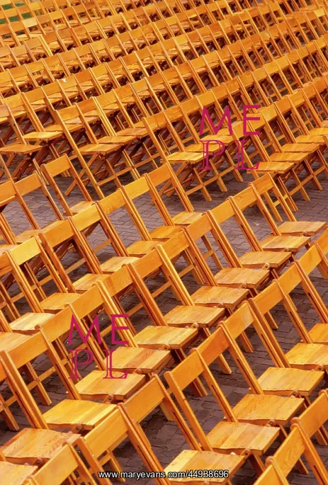 : Empty Wooden Folding Chairs Arranged : Empty Wooden Folding Chairs Arranged