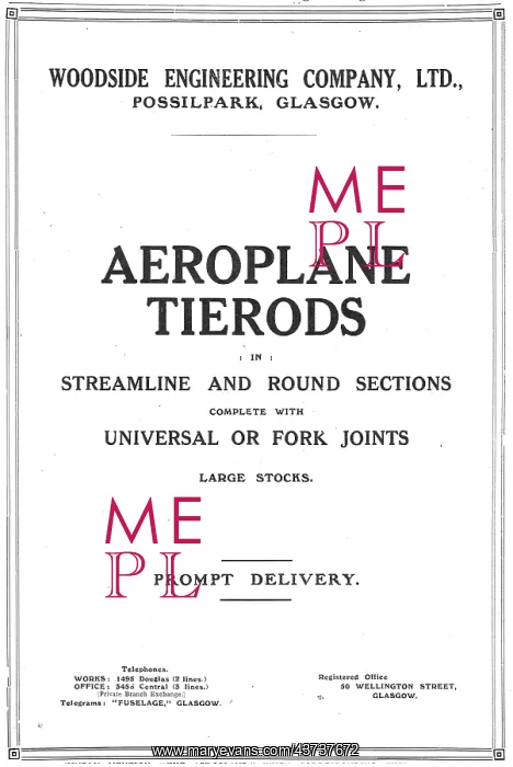 : Woodside Engineering. Possilpark, Glasgow. Aero Tierods : Woodside Engineering. Possilpark, Glasgow. Aero Tierods