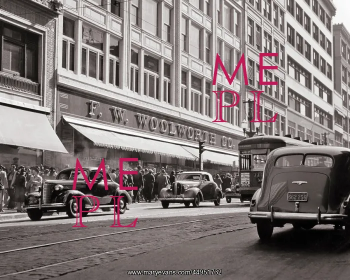 : Woolworth Store Marquee Sidewalk Pedestrians and : Woolworth Store Marquee Sidewalk Pedestrians and