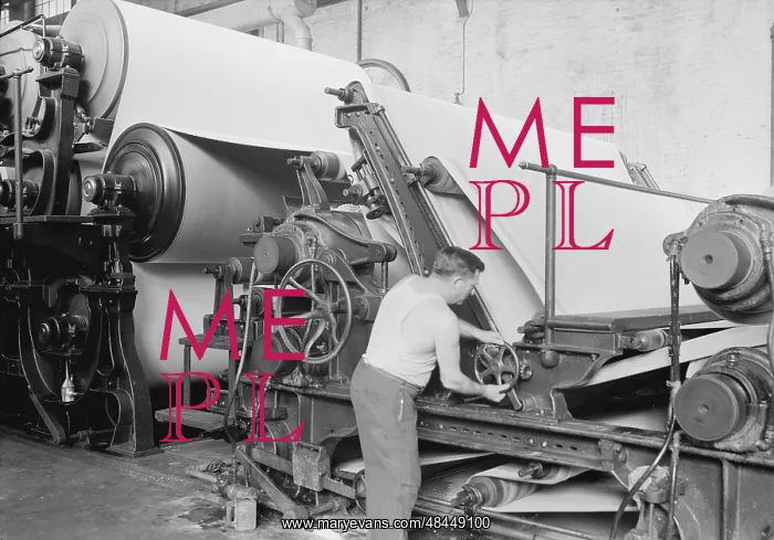 : Worker making matchboard on cylinder machines, 1936 : Worker making matchboard on cylinder machines, 1936