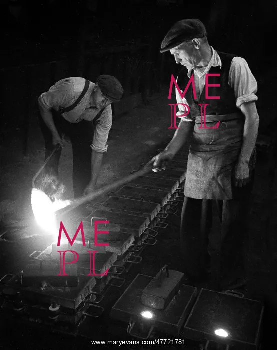 : Workers in foundry pouring molten metal : Workers in foundry pouring molten metal