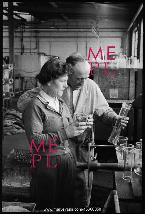 : Two workers inspecting laboratory glassware in : Two workers inspecting laboratory glassware in