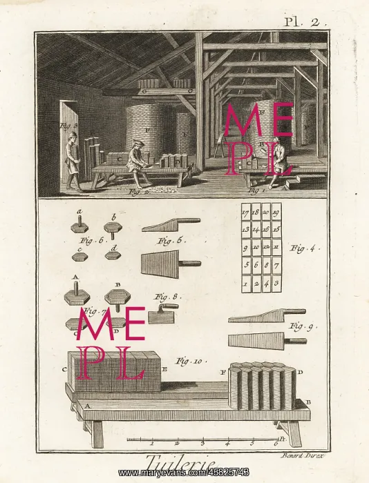 : Workers trimming tiles in a roof-tile works, 18th century : Workers trimming tiles in a roof-tile works, 18th century