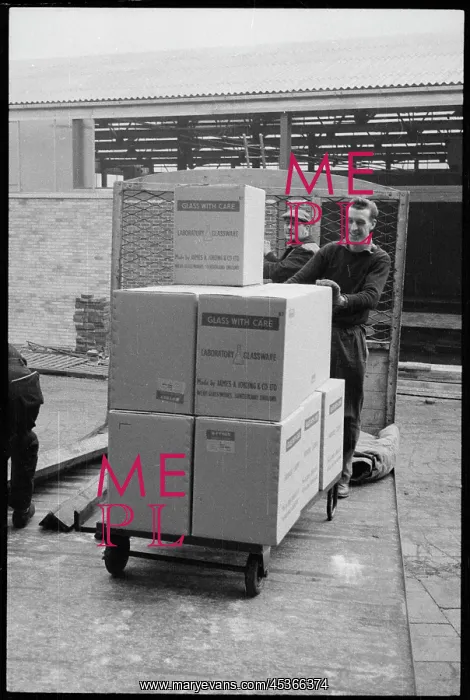 : Workers wheeling a trolley of boxes containing : Workers wheeling a trolley of boxes containing
