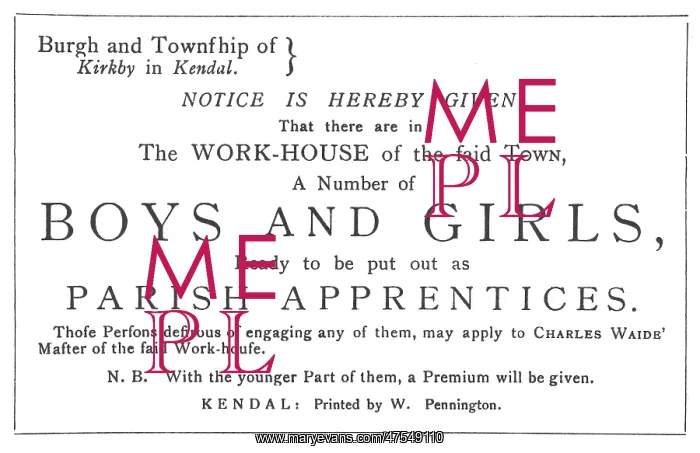 : Workhouse Apprentices Handbill, Kendal, Westmorland : Workhouse Apprentices Handbill, Kendal, Westmorland