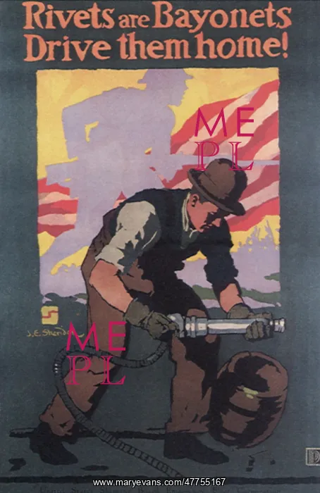 : Working man with riveter US flag and soldier : Working man with riveter US flag and soldier