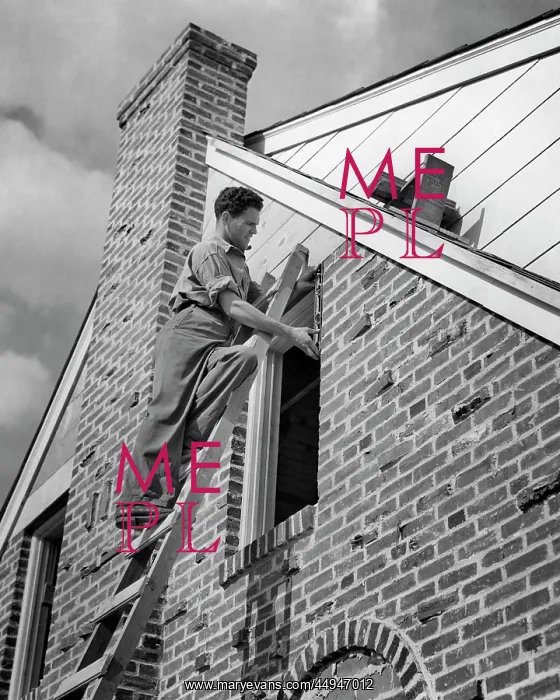 : Workman on Stepladder Fitting a New Window on : Workman on Stepladder Fitting a New Window on