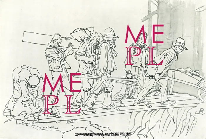 : Workmen. An illustration which shows a procession of workmen crossing a : Workmen. An illustration which shows a procession of workmen crossing a